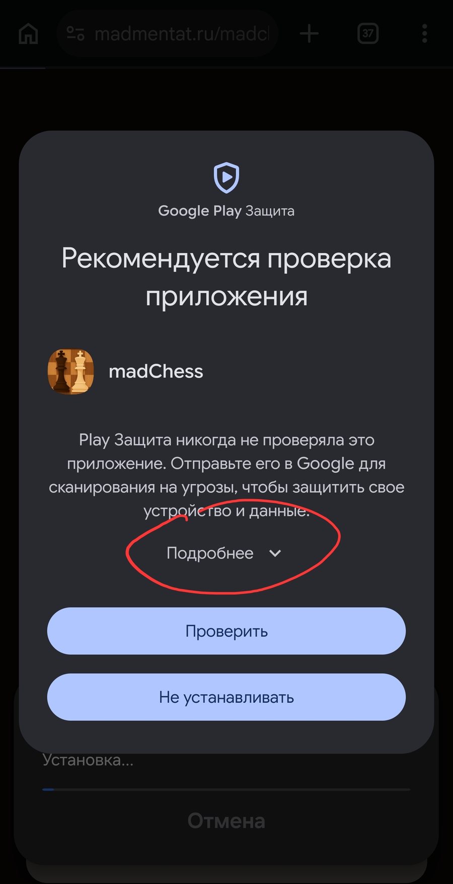 Google Play Защита рекомендует проверить madChess