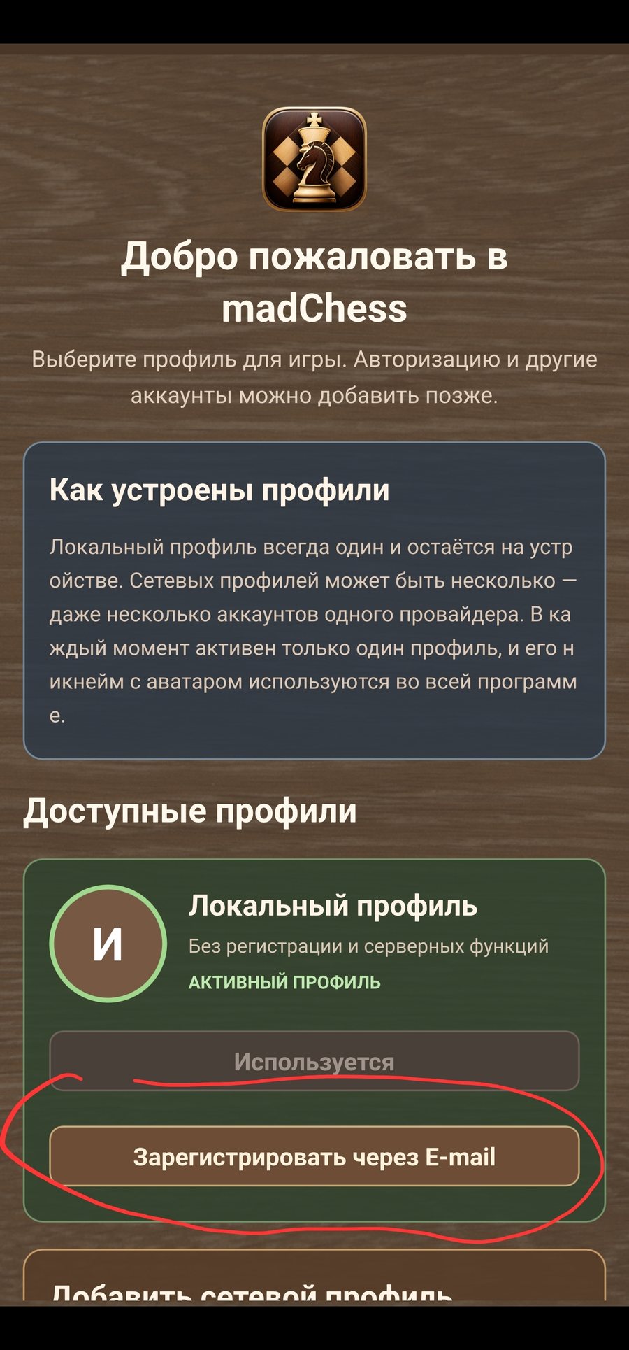 Первый запуск madChess и выбор профиля