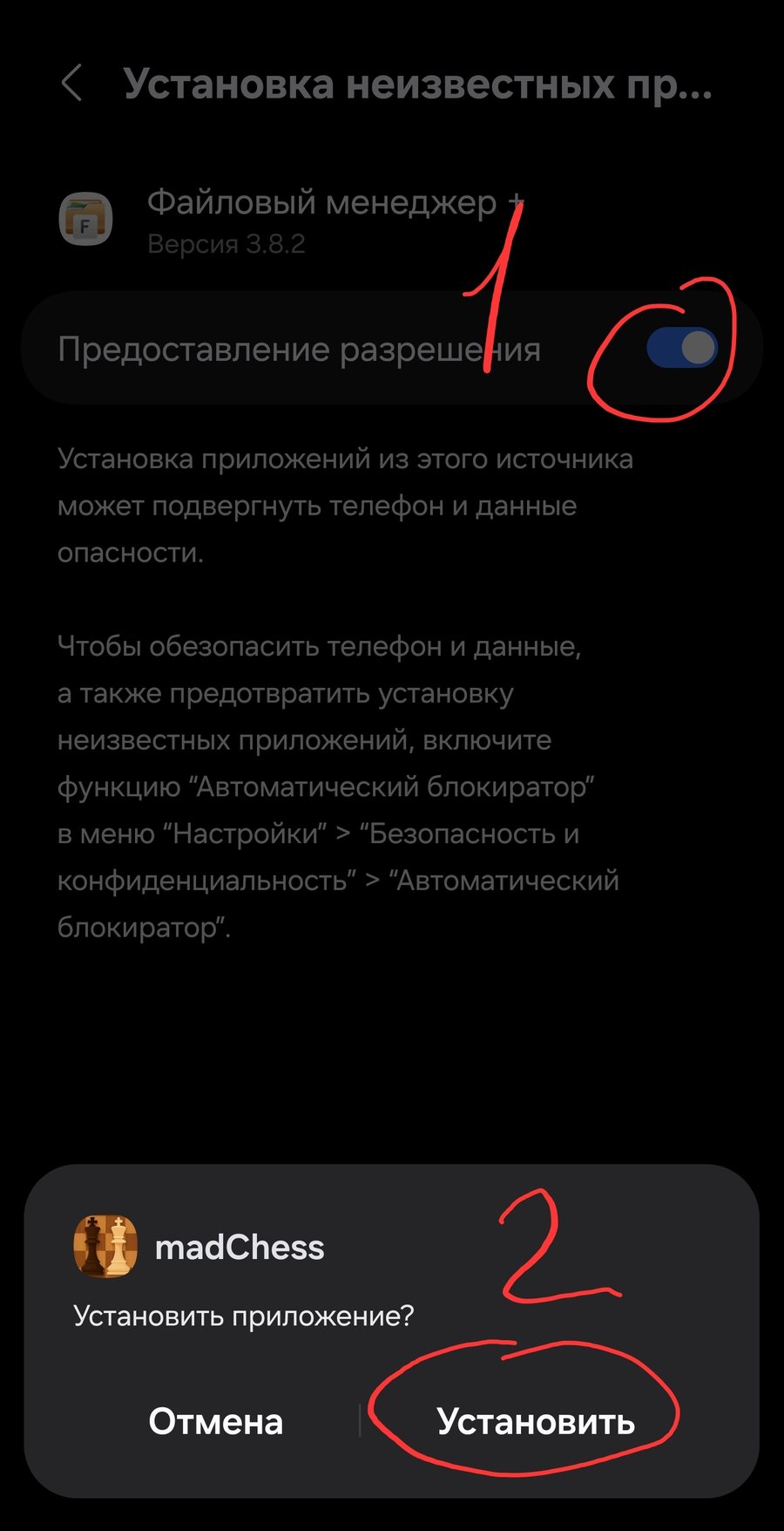 Повторное подтверждение установки madChess после выдачи разрешения
