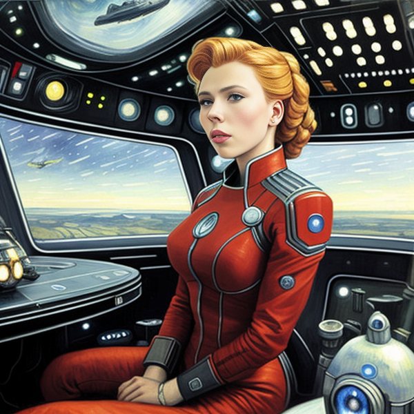 00239 1060285284 Scarlett Ingrid Johansson sitting in a pilot chear of ci Fi starship planet spaceship instruments oil drawing painted by V