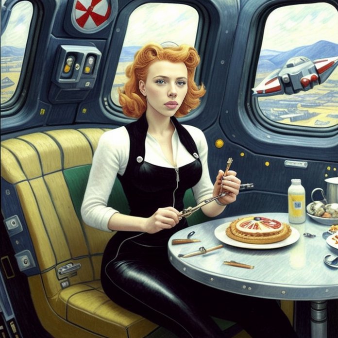 00305 4212382469 Scarlett Ingrid Johansson sitting in a pilot chear of ci Fi starship and eating a pie planet spaceship instruments pencil dr