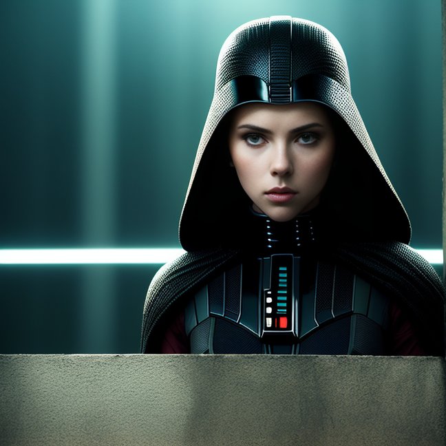 00442 3180066444 Scarlett Johansson with Darth Vader in front of the Death Star Star Wars style Darth Vader wears a mask natural skin texture