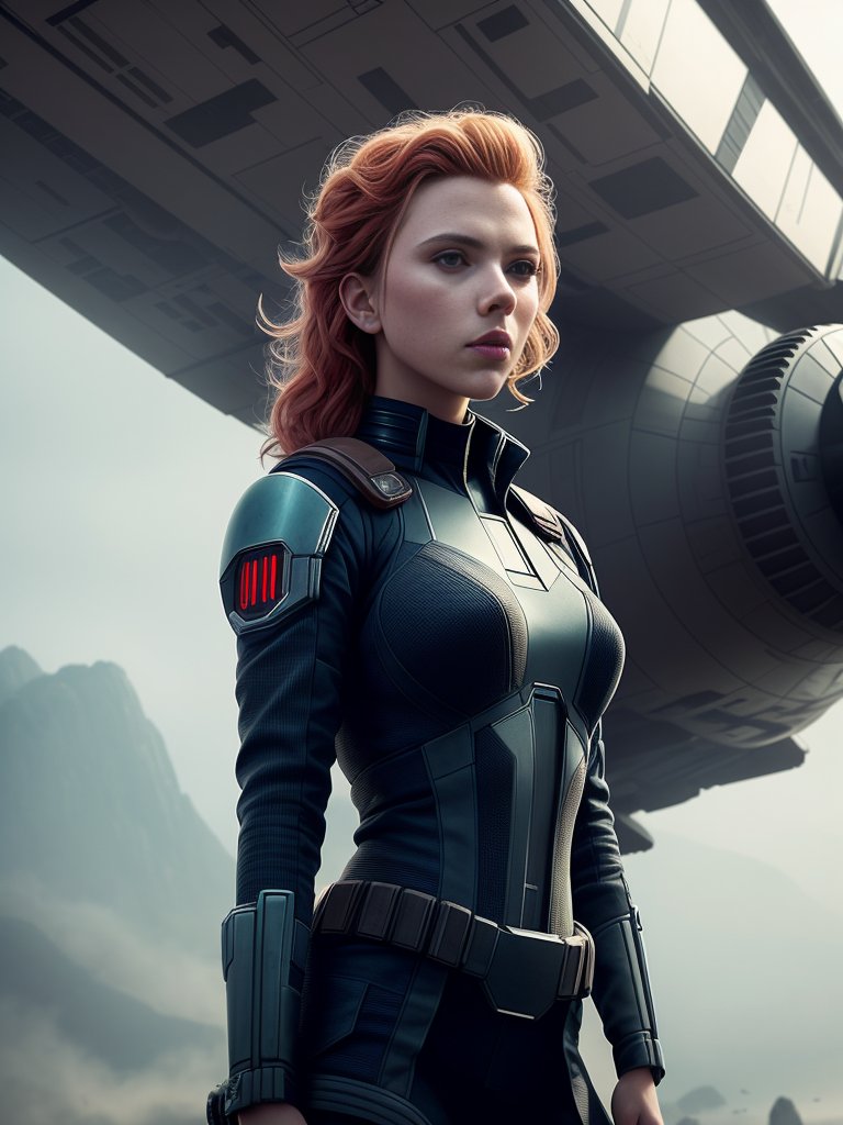 00487 2182386988 Scarlett Johansson posing in front of TIE Fighter Star Wars style natural skin texture 24mm 4k textures soft cinematic ligh